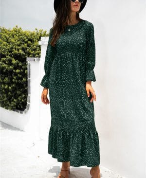 <h1 class="product_title entry-title">Autumn Printed Polka Dot Smocking Long Sleeve Dress Long Dress</h1> - Image 5