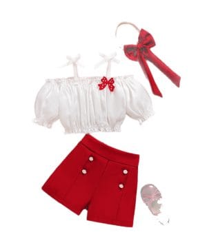 ⁦<h1 class="product_title entry-title">شورت زر أحمر مع إكسسوار قوس بأسلوب لطيف</h1>⁩ - الصورة ⁦3⁩