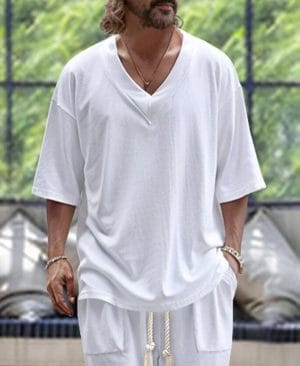 <h1 class="product_title entry-title">Men's Casual Solid Color Pullover V-neck Short Tube Drawstring Cufflinks Design Trousers Suit</h1> - Image 7