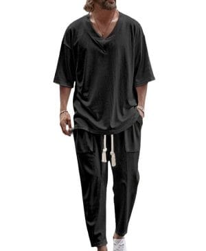 <h1 class="product_title entry-title">Men's Casual Solid Color Pullover V-neck Short Tube Drawstring Cufflinks Design Trousers Suit</h1> - Image 10