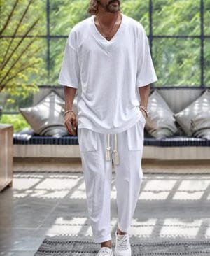 <h1 class="product_title entry-title">Men's Casual Solid Color Pullover V-neck Short Tube Drawstring Cufflinks Design Trousers Suit</h1> - Image 3