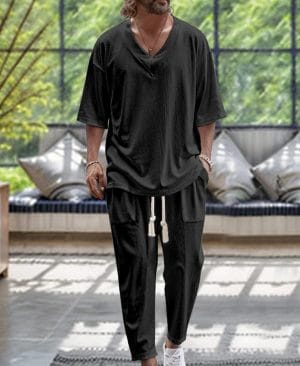 <h1 class="product_title entry-title">Men's Casual Solid Color Pullover V-neck Short Tube Drawstring Cufflinks Design Trousers Suit</h1> - Image 8