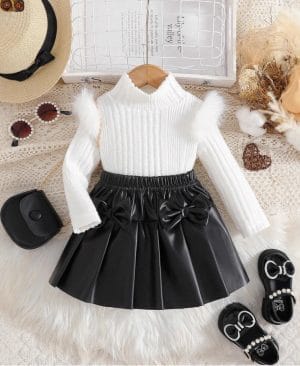<h1 class="product_title entry-title">Top With PU Bow Pleated Skirt For Children</h1> - Image 5