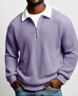 <h1 class="product_title entry-title">Men's Solid-Color Waffle-Weave Long-Sleeve Lapel Zip-Up Shirt</h1> - Image 5