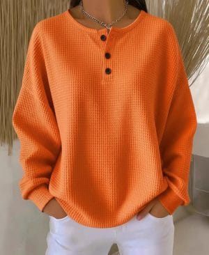 <h1 class="product_title entry-title">Ins Waffle Long-sleeved T-shirt Fashion Solid Color Buttons Round Neck Pullover Top Women's Clothing</h1> - Image 7