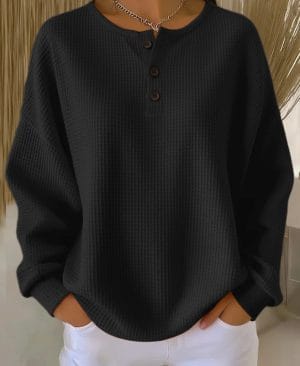 <h1 class="product_title entry-title">Ins Waffle Long-sleeved T-shirt Fashion Solid Color Buttons Round Neck Pullover Top Women's Clothing</h1> - Image 3