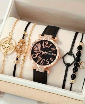 Women's Diamond Dial Belt Quartz Watch Beaded Bracelet Suit - Image 5