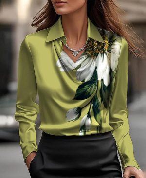 <h1 class="product_title entry-title">Women's Swing Collar Draped Shirts & Blouses Elegant Solid Satin Office Ladies Top Pullover Spring Long Sleeve Casual Tops</h1> - Image 10