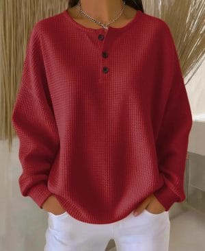 <h1 class="product_title entry-title">Ins Waffle Long-sleeved T-shirt Fashion Solid Color Buttons Round Neck Pullover Top Women's Clothing</h1> - Image 5