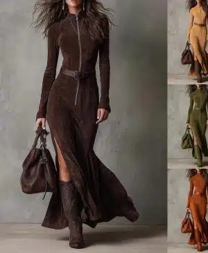 <h1 class="product_title entry-title">Slim Zipper Dress Elegant Temperament Split Long-sleeved Dresses Cowboy Fashion Retro Women's Clothing</h1> - Image 1