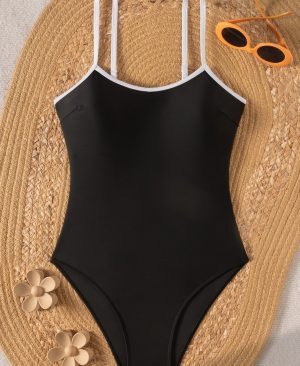 <h1 class="product_title entry-title">Adjustable Shoulder Straps, Black-and-white Contrast One-piece Swimsuit</h1> - Image 5