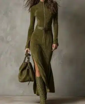 <h1 class="product_title entry-title">Slim Zipper Dress Elegant Temperament Split Long-sleeved Dresses Cowboy Fashion Retro Women's Clothing</h1> - Image 3