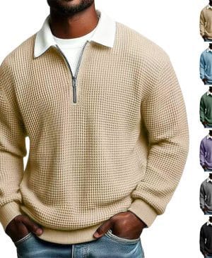 <h1 class="product_title entry-title">Men's Solid-Color Waffle-Weave Long-Sleeve Lapel Zip-Up Shirt</h1> - Image 10