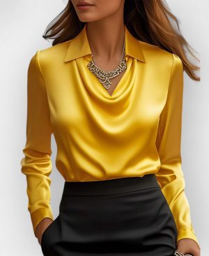 <h1 class="product_title entry-title">Women's Swing Collar Draped Shirts & Blouses Elegant Solid Satin Office Ladies Top Pullover Spring Long Sleeve Casual Tops</h1> - Image 7