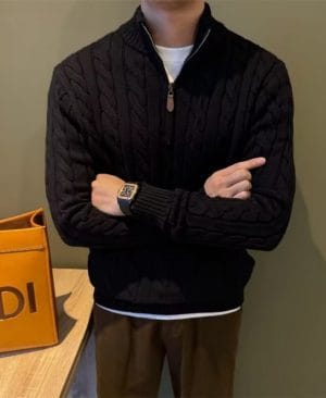 <h1 class="product_title entry-title">Men's Stand-up Collar Twisted-knit Half-zip Sweater</h1> - Image 3