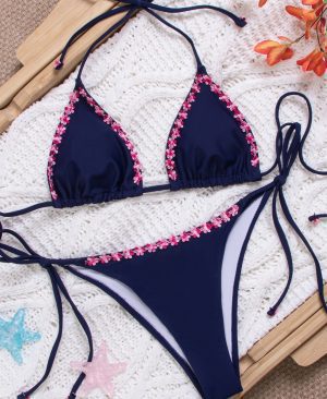 <h1 class="product_title entry-title">Solid Color Lace Up Bikini Swimsuit Set With Small Lace</h1> - Image 4