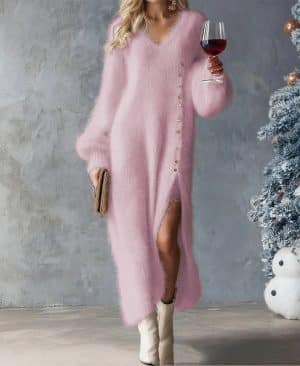 <h1 class="product_title entry-title">Chic Split Knitted Dress With Buttons Design Winter V-Neck Fleece Maxi Dresses Evening Party Club Fashion Women's Clothing</h1> - Image 4