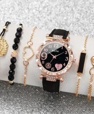 Women's Diamond Dial Belt Quartz Watch Beaded Bracelet Suit - Image 6
