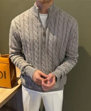 <h1 class="product_title entry-title">Men's Stand-up Collar Twisted-knit Half-zip Sweater</h1> - Image 5