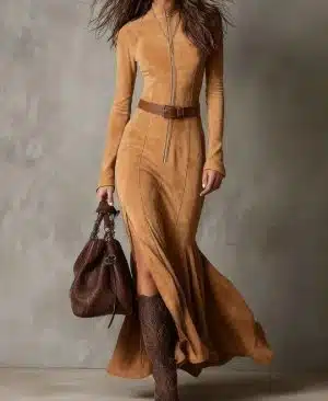 <h1 class="product_title entry-title">Slim Zipper Dress Elegant Temperament Split Long-sleeved Dresses Cowboy Fashion Retro Women's Clothing</h1> - Image 2