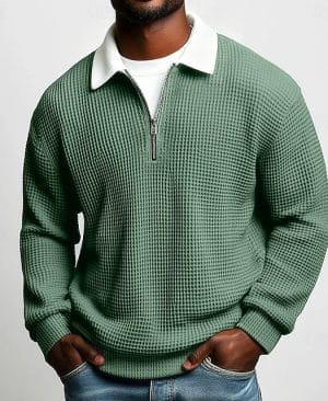 <h1 class="product_title entry-title">Men's Solid-Color Waffle-Weave Long-Sleeve Lapel Zip-Up Shirt</h1> - Image 7