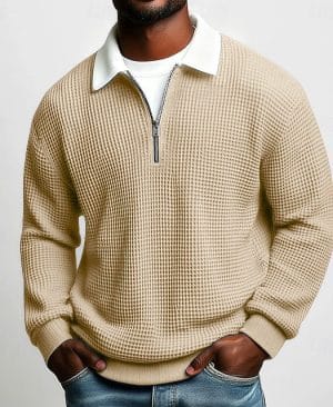 <h1 class="product_title entry-title">Men's Solid-Color Waffle-Weave Long-Sleeve Lapel Zip-Up Shirt</h1> - Image 4