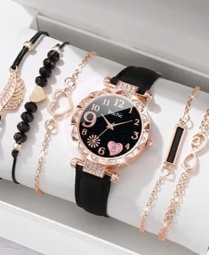 Women's Diamond Dial Belt Quartz Watch Beaded Bracelet Suit - Image 3