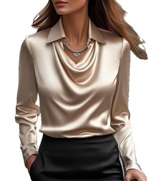 <h1 class="product_title entry-title">Women's Swing Collar Draped Shirts & Blouses Elegant Solid Satin Office Ladies Top Pullover Spring Long Sleeve Casual Tops</h1> - Image 4