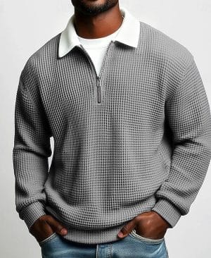 <h1 class="product_title entry-title">Men's Solid-Color Waffle-Weave Long-Sleeve Lapel Zip-Up Shirt</h1> - Image 9