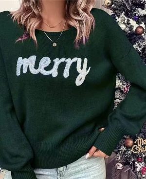 ⁦<h1 class="product_title entry-title">كنزة نسائية محبوكة برقبة دائرية سُترة فضفاضة للنساء قميص أنيق ربيعي دافئ موضة رأس السنة الجديدة كنزة عيد الميلاد</h1>⁩ - الصورة ⁦5⁩