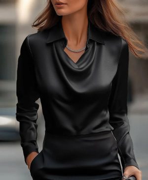 <h1 class="product_title entry-title">Women's Swing Collar Draped Shirts & Blouses Elegant Solid Satin Office Ladies Top Pullover Spring Long Sleeve Casual Tops</h1> - Image 8