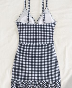 <h1 class="product_title entry-title">Black-and-white Plaid Ruffled Hem Halter-style Bottomed One-piece Swimsuit</h1> - Image 6