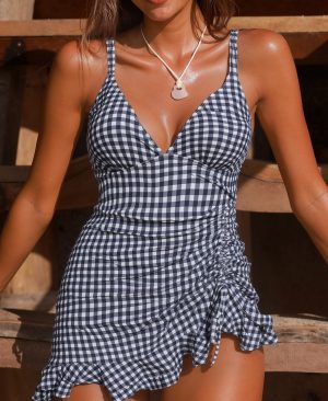 <h1 class="product_title entry-title">Black-and-white Plaid Ruffled Hem Halter-style Bottomed One-piece Swimsuit</h1> - Image 3