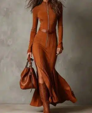 <h1 class="product_title entry-title">Slim Zipper Dress Elegant Temperament Split Long-sleeved Dresses Cowboy Fashion Retro Women's Clothing</h1> - Image 4