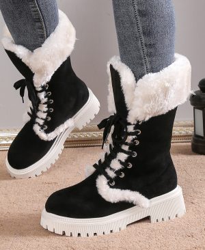 <h1 class="product_title entry-title">Winter Lace-up Snow Boots For Women Mid-tube Fleece Shoes Warm Chunky Heels Plush Boot</h1> - Image 5