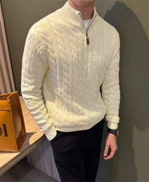 <h1 class="product_title entry-title">Men's Stand-up Collar Twisted-knit Half-zip Sweater</h1> - Image 4
