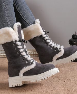 <h1 class="product_title entry-title">Winter Lace-up Snow Boots For Women Mid-tube Fleece Shoes Warm Chunky Heels Plush Boot</h1> - Image 3
