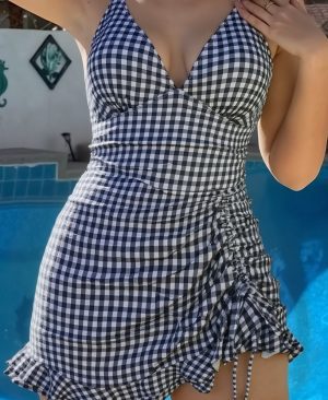 <h1 class="product_title entry-title">Black-and-white Plaid Ruffled Hem Halter-style Bottomed One-piece Swimsuit</h1> - Image 5