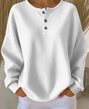 <h1 class="product_title entry-title">Ins Waffle Long-sleeved T-shirt Fashion Solid Color Buttons Round Neck Pullover Top Women's Clothing</h1> - Image 8