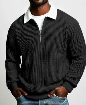<h1 class="product_title entry-title">Men's Solid-Color Waffle-Weave Long-Sleeve Lapel Zip-Up Shirt</h1> - Image 3