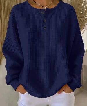 <h1 class="product_title entry-title">Ins Waffle Long-sleeved T-shirt Fashion Solid Color Buttons Round Neck Pullover Top Women's Clothing</h1> - Image 6