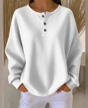 <h1 class="product_title entry-title">Ins Waffle Long-sleeved T-shirt Fashion Solid Color Buttons Round Neck Pullover Top Women's Clothing</h1> - Image 10