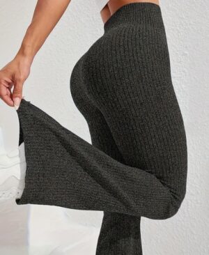 Womens High-Waisted Slimming Ribbed Casual Flare Pants - Image 3