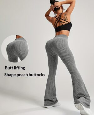 Womens High-Waisted Slimming Ribbed Casual Flare Pants - Image 8