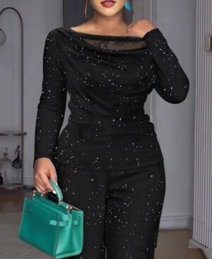 <h1 class="product_title entry-title">Lace Patchwork Long-sleeved Top With Wide-leg Pants Casual Two-piece Set</h1> - Image 5