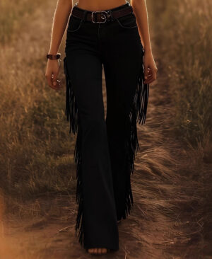 <h1 class="product_title entry-title">Womens Fitted, Stretchy Flare Pants With Tassels</h1> - Image 3