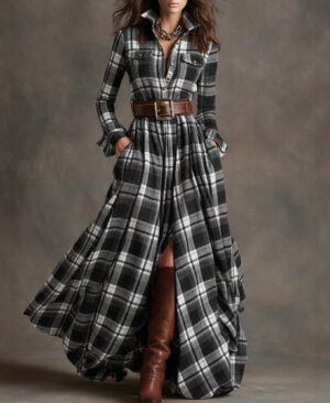 ⁦<h1 class="product_title entry-title">فستان طويل بأكمام طويلة بتصميم مربعات مع جيوب وأزرار للنساء</h1>⁩ - الصورة ⁦10⁩