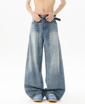 <h1 class="product_title entry-title">Retro Blue Denim Mens Loose Wide-leg Pants</h1> - Image 3