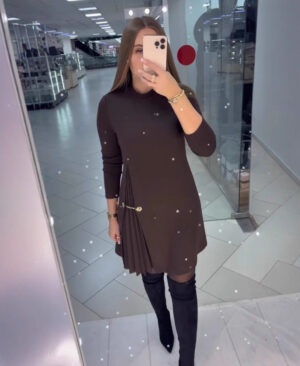 <h1 class="product_title entry-title">Patchwork Pleated Long-sleeved Dress Fashion Split Dresses Elegant Commuter Women's Clothing</h1> - Image 4