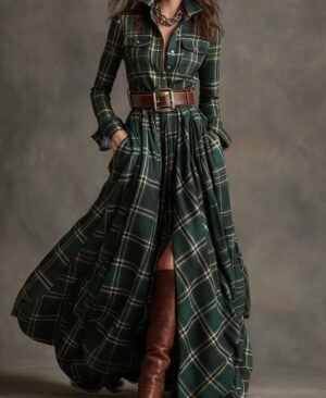 ⁦<h1 class="product_title entry-title">فستان طويل بأكمام طويلة بتصميم مربعات مع جيوب وأزرار للنساء</h1>⁩ - الصورة ⁦4⁩